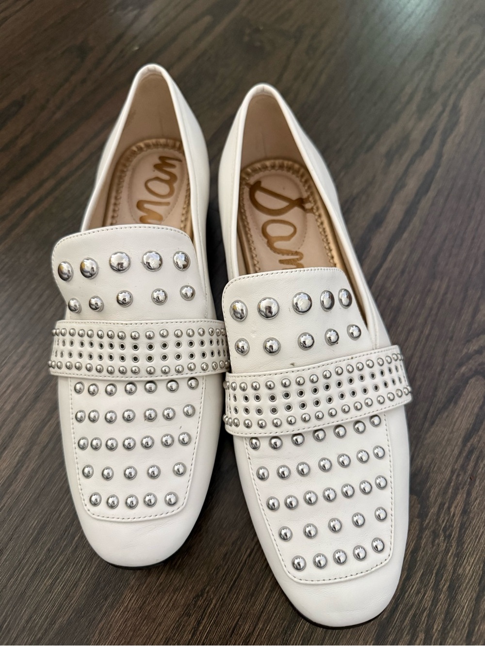 Sam Edelman White Leather Studded Loafers